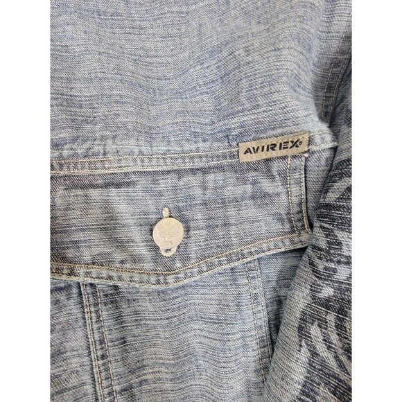 Avirex Denim Jacket Mens 2XL Blue Tribal Sleeve Graphic Button Up Distressed - Picture 5 of 15